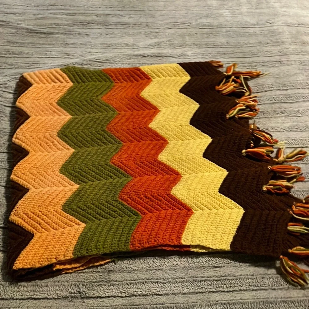Hand Crafted Crochet Afghan Chevron Throw Blanket Brown Yellow ‎ Orange Green